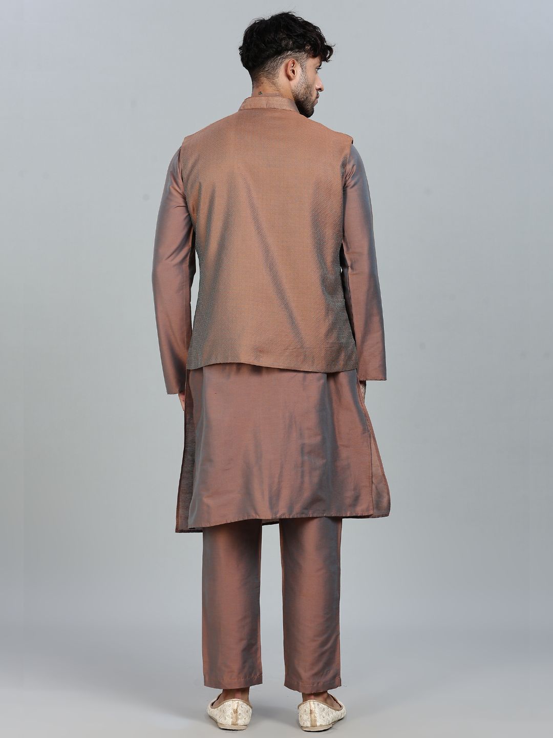 Brown Kurta Pant with orange Woven Design  Bandi Set