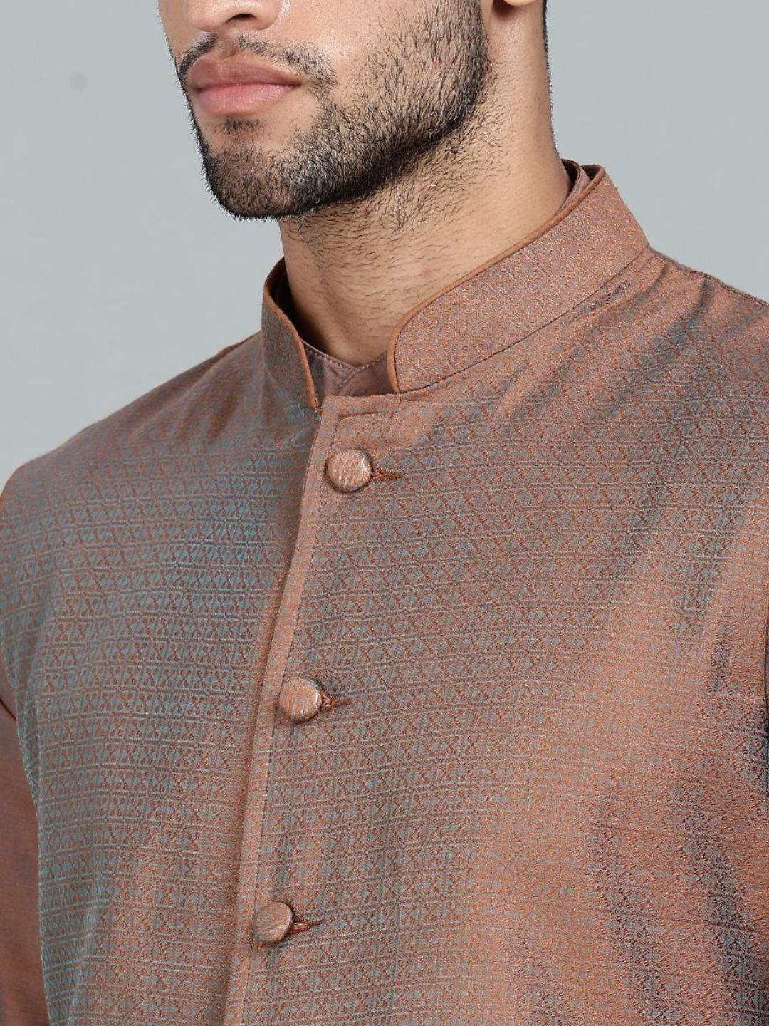 Brown Kurta Pant with orange Woven Design  Bandi Set