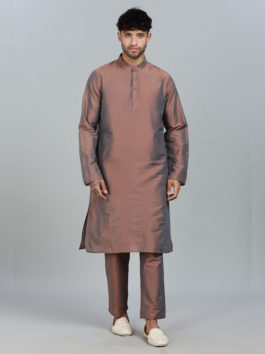 Brown Kurta Pant with orange Woven Design  Bandi Set