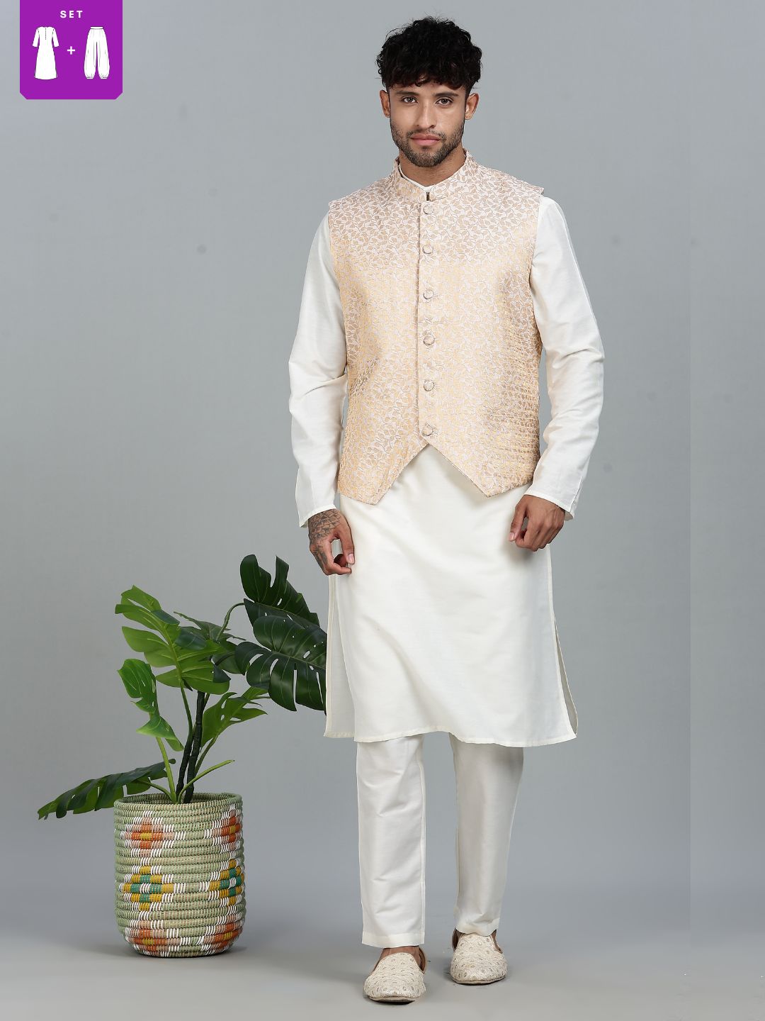 offwhite Kurta Set with Gold and White Brocade Nehru Jacket