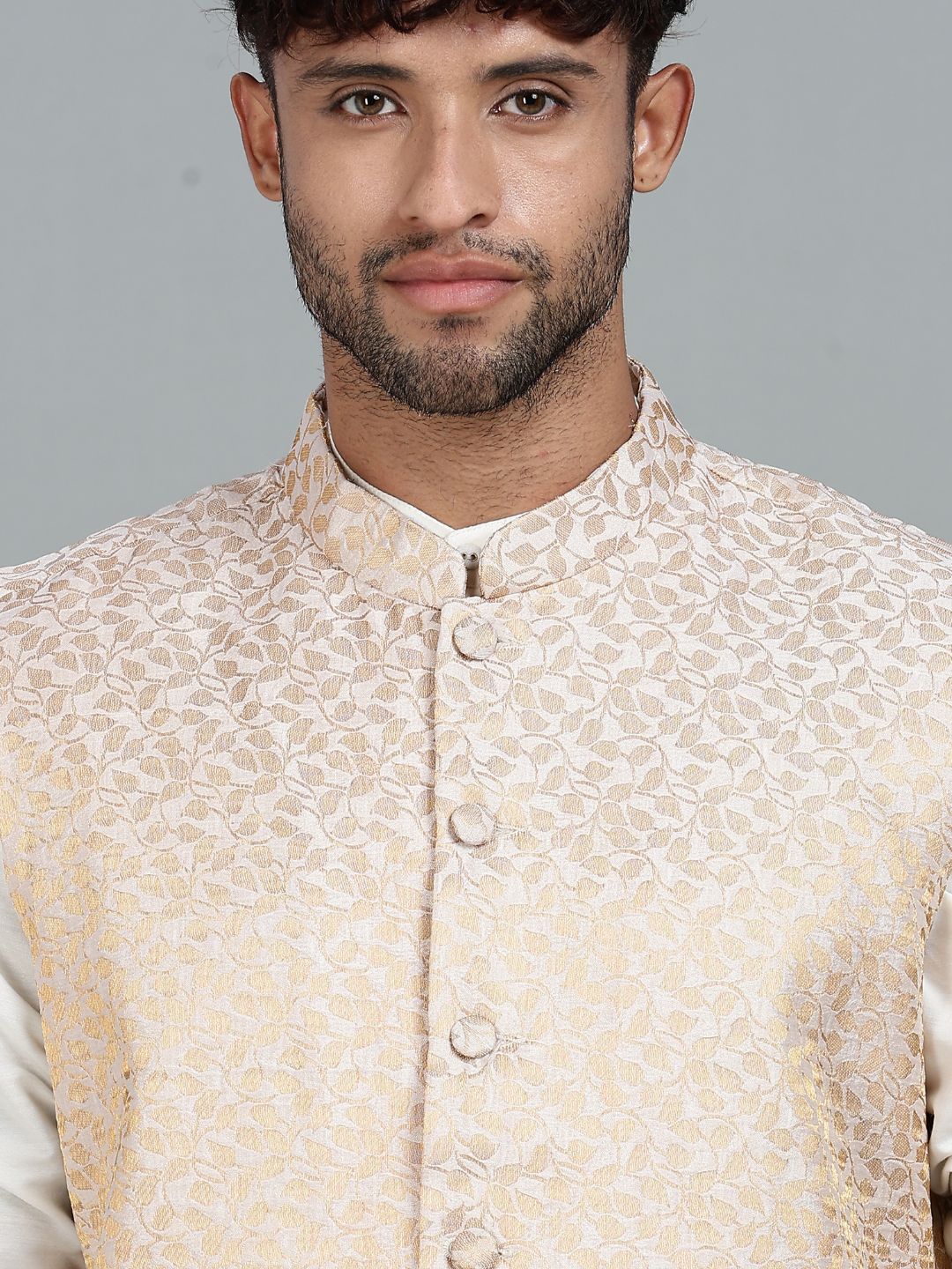 offwhite Kurta Set with Gold and White Brocade Nehru Jacket