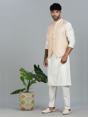 offwhite Kurta Set with Gold and White Brocade Nehru Jacket