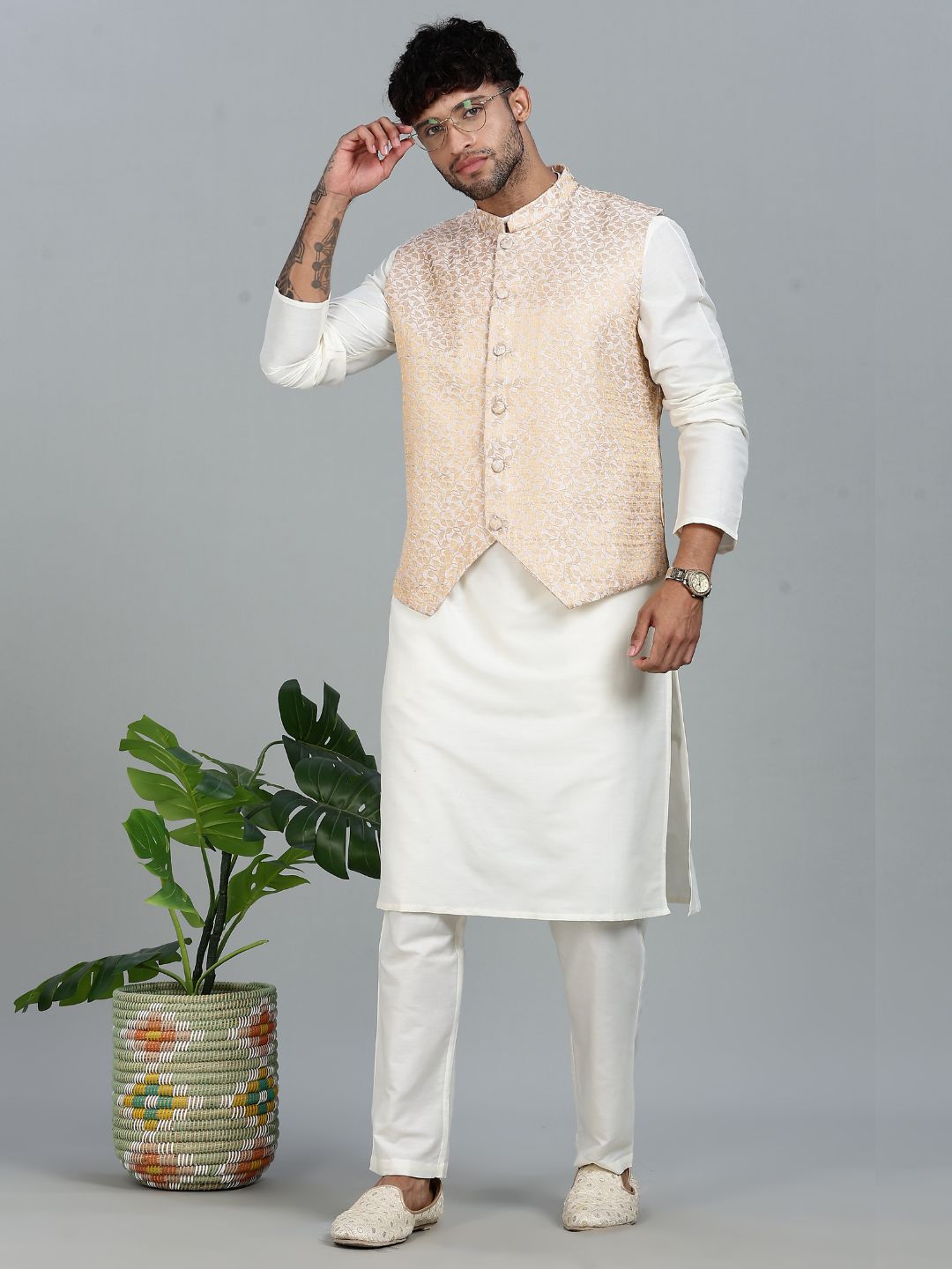 offwhite Kurta Set with Gold and White Brocade Nehru Jacket