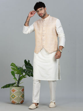 offwhite Kurta Set with Gold and White Brocade Nehru Jacket