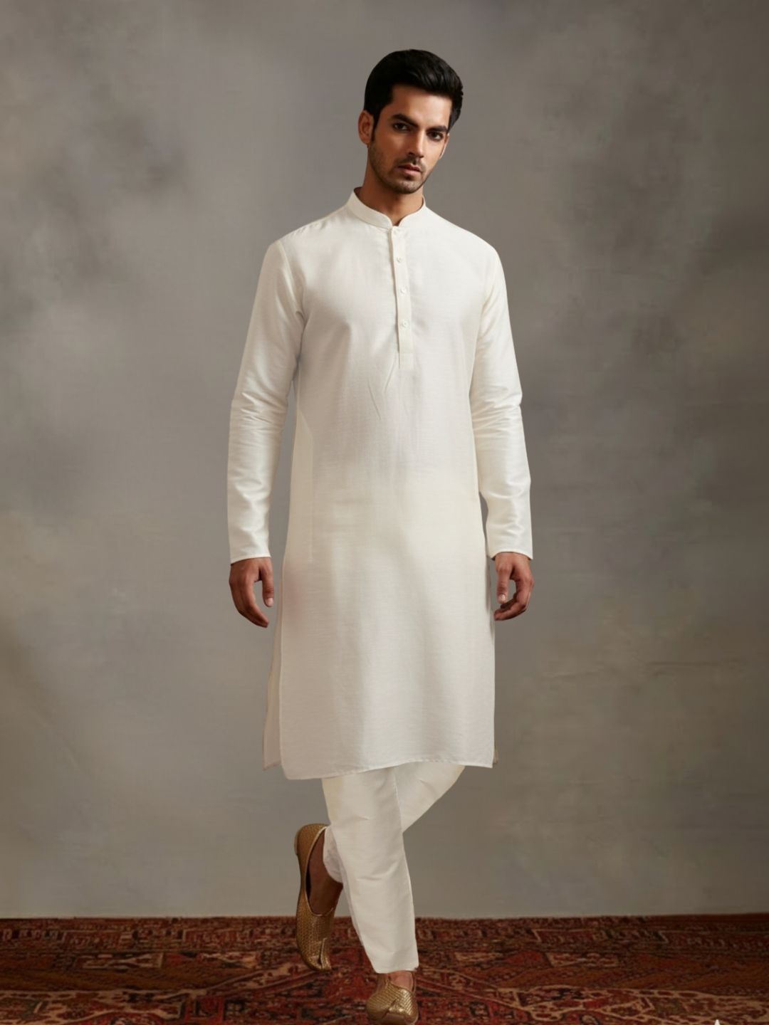 offwhite Kurta Set with Gold and White Brocade Nehru Jacket