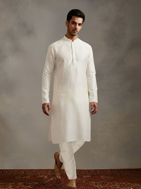 offwhite Kurta Set with Gold and White Brocade Nehru Jacket