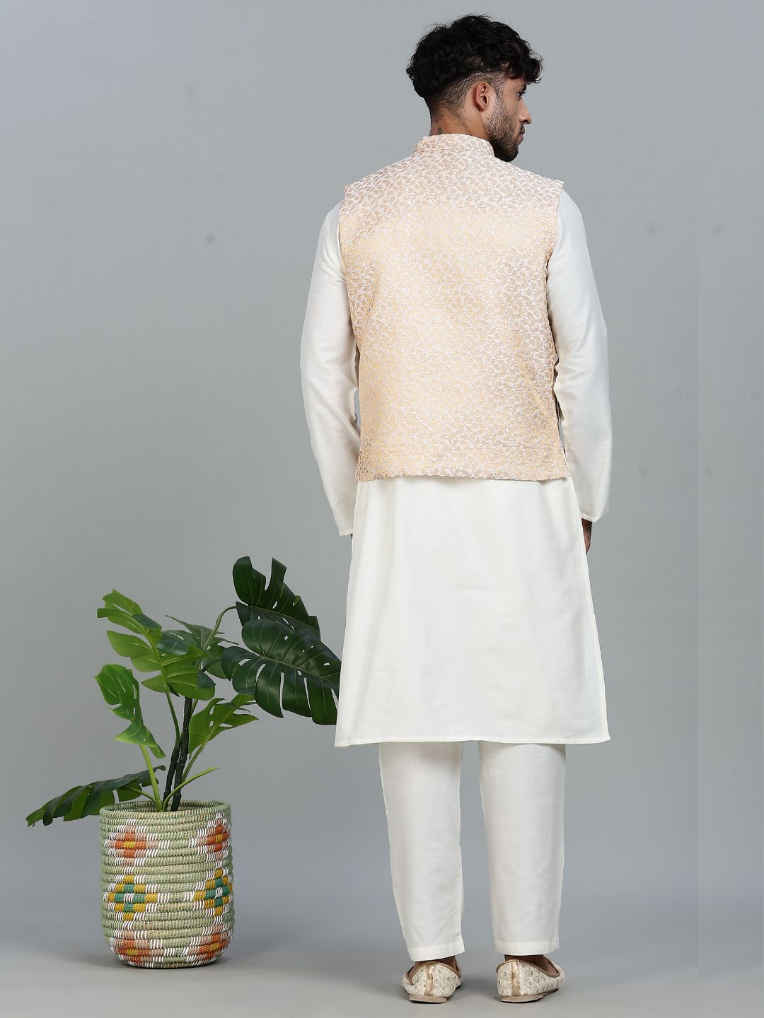 offwhite Kurta Set with Gold and White Brocade Nehru Jacket
