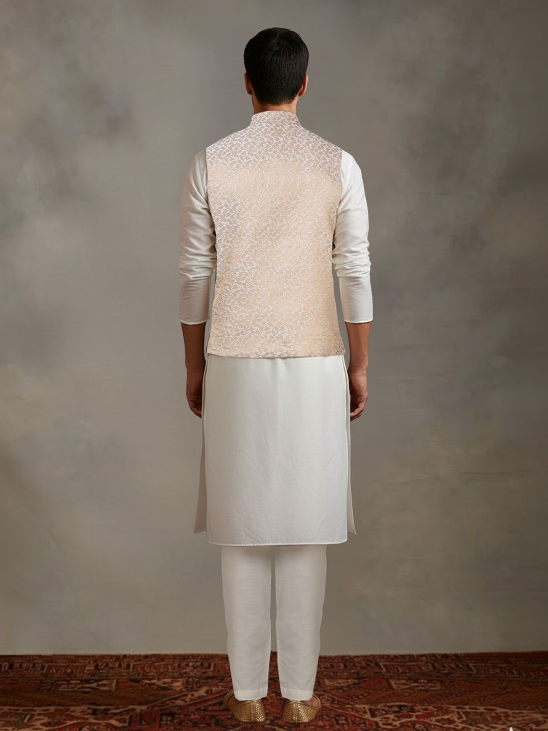 offwhite Kurta Set with Gold and White Brocade Nehru Jacket