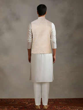 offwhite Kurta Set with Gold and White Brocade Nehru Jacket