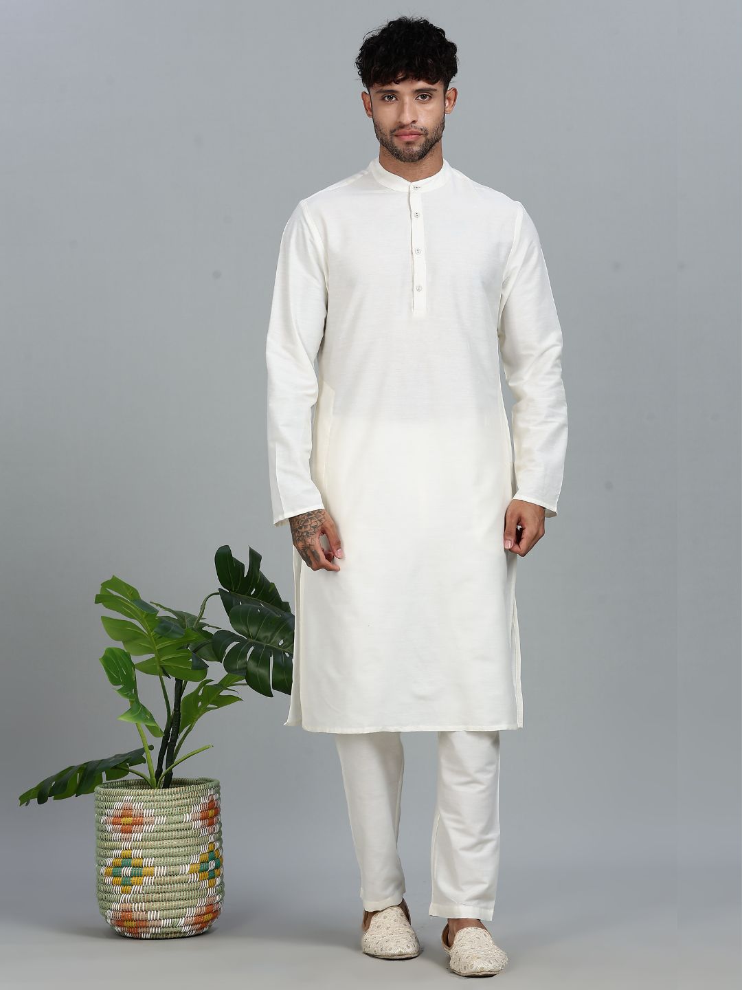 offwhite Kurta Set with Gold and White Brocade Nehru Jacket