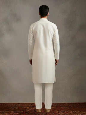offwhite Kurta Set with Gold and White Brocade Nehru Jacket