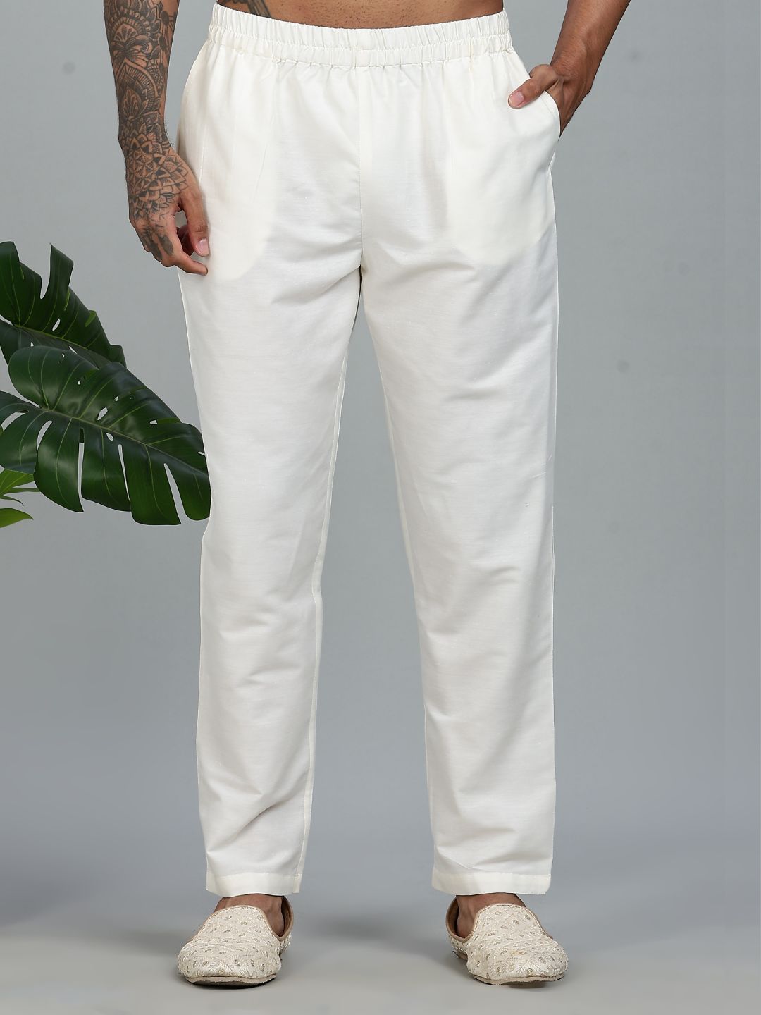 offwhite Kurta Set with Gold and White Brocade Nehru Jacket