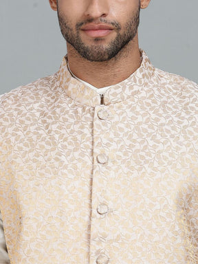 offwhite Kurta Set with Gold and White Brocade Nehru Jacket