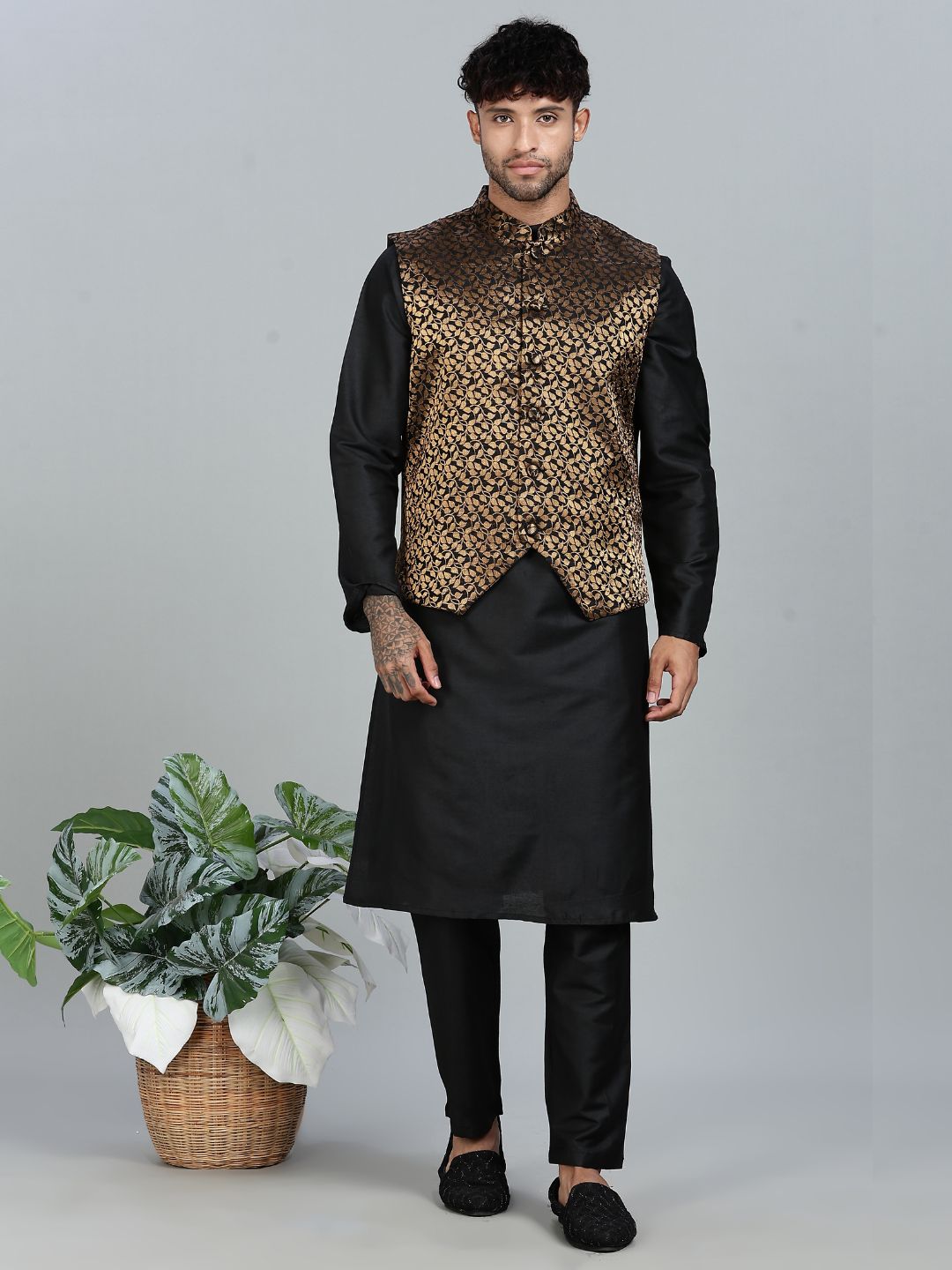 Black Kurta Set with Gold and Black Brocade Nehru Jacket