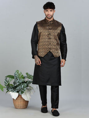 Black Kurta Set with Gold and Black Brocade Nehru Jacket