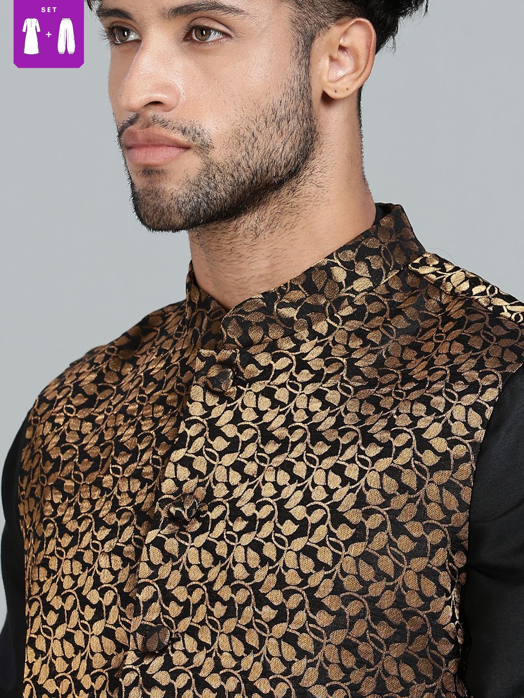 Black Kurta Set with Gold and Black Brocade Nehru Jacket