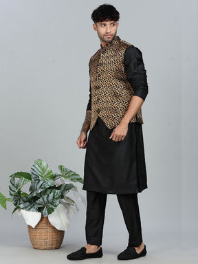 Black Kurta Set with Gold and Black Brocade Nehru Jacket