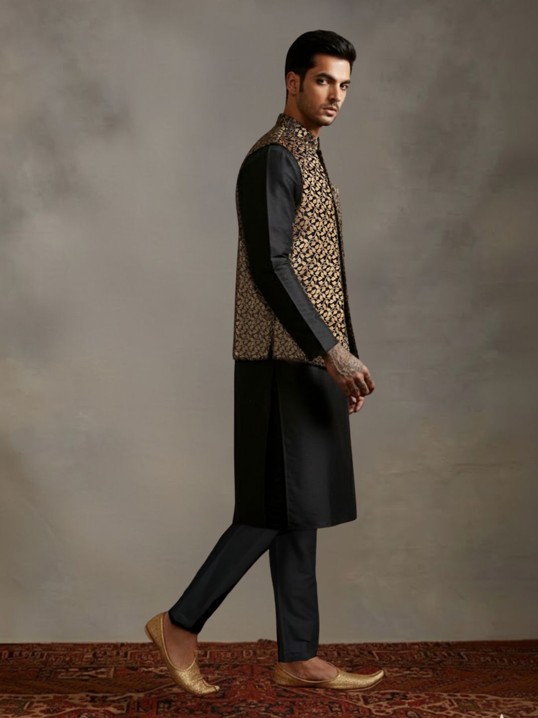 Black Kurta Set with Gold and Black Brocade Nehru Jacket