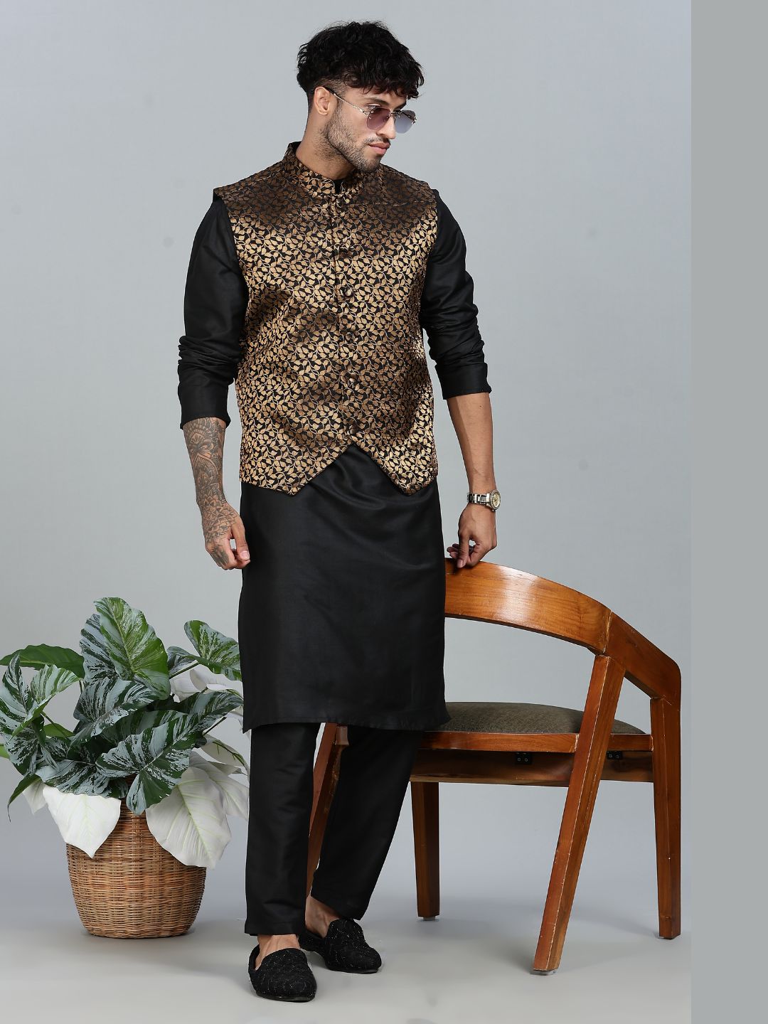 Black Kurta Set with Gold and Black Brocade Nehru Jacket