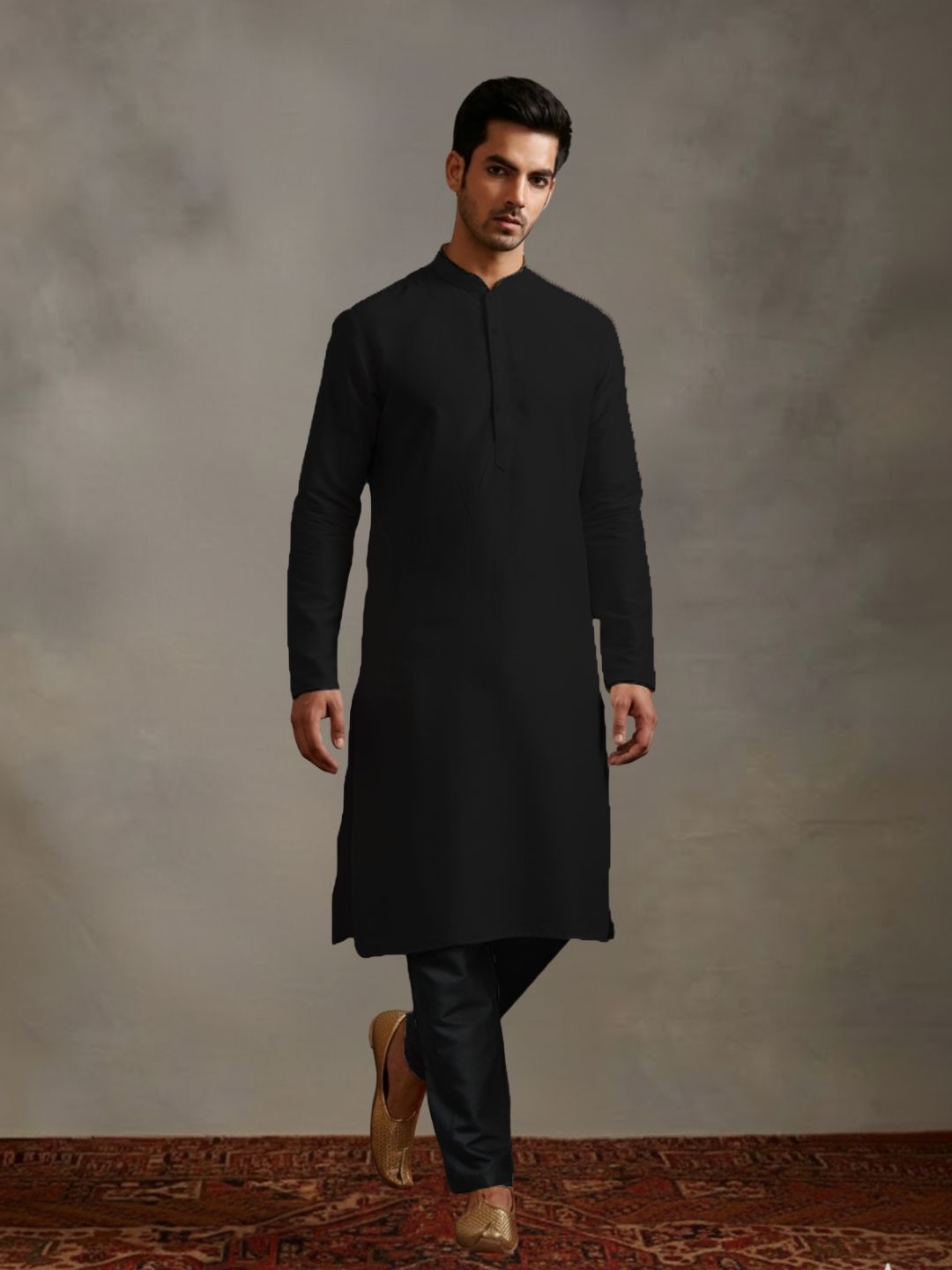Black Kurta Set with Gold and Black Brocade Nehru Jacket