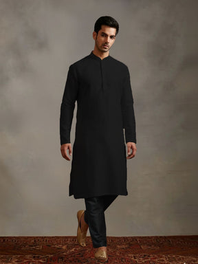 Black Kurta Set with Gold and Black Brocade Nehru Jacket