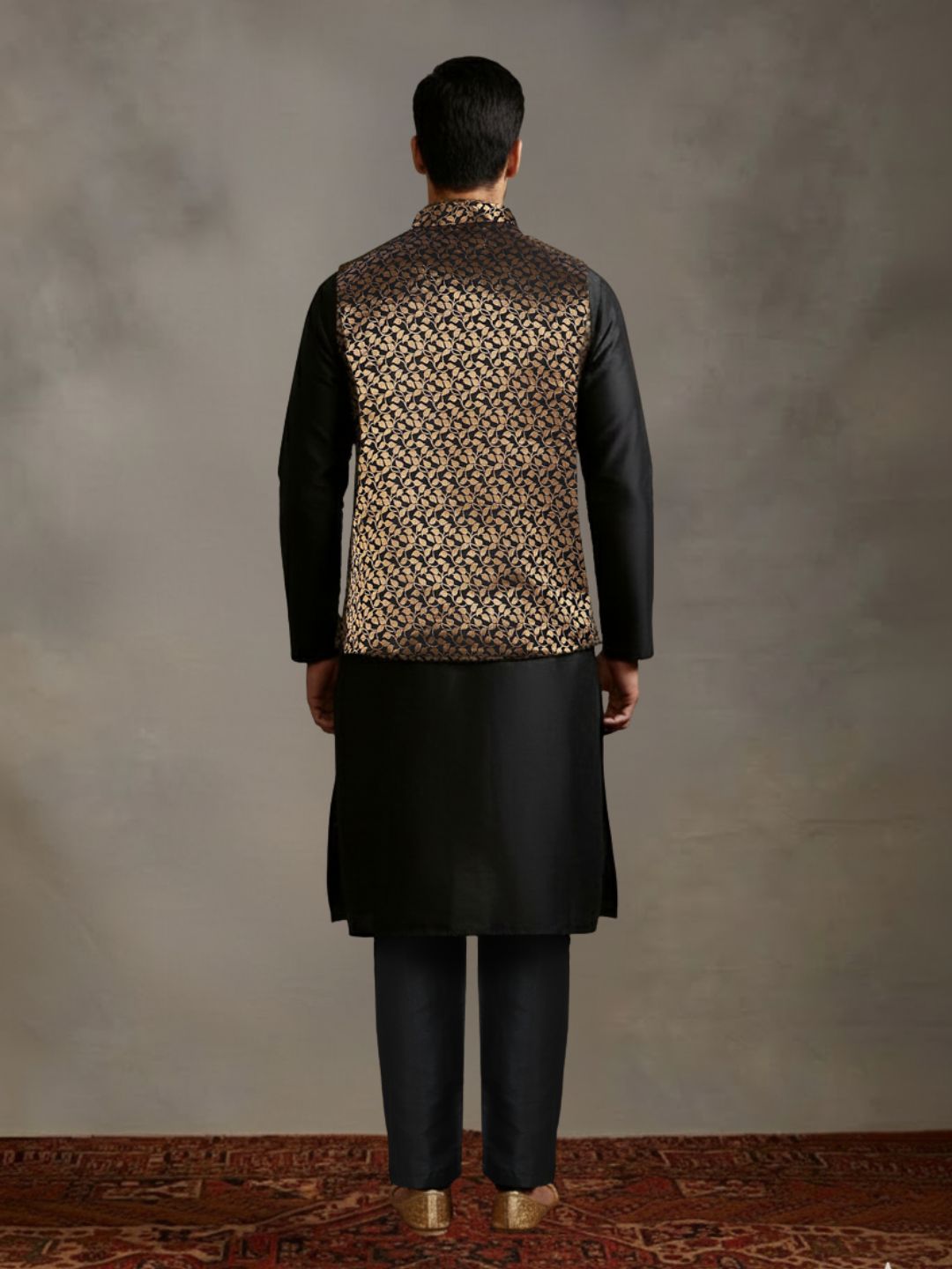 Black Kurta Set with Gold and Black Brocade Nehru Jacket