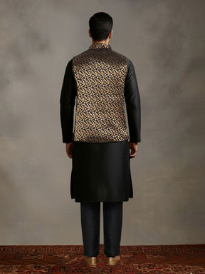 Black Kurta Set with Gold and Black Brocade Nehru Jacket