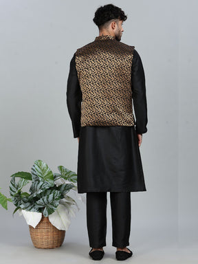 Black Kurta Set with Gold and Black Brocade Nehru Jacket