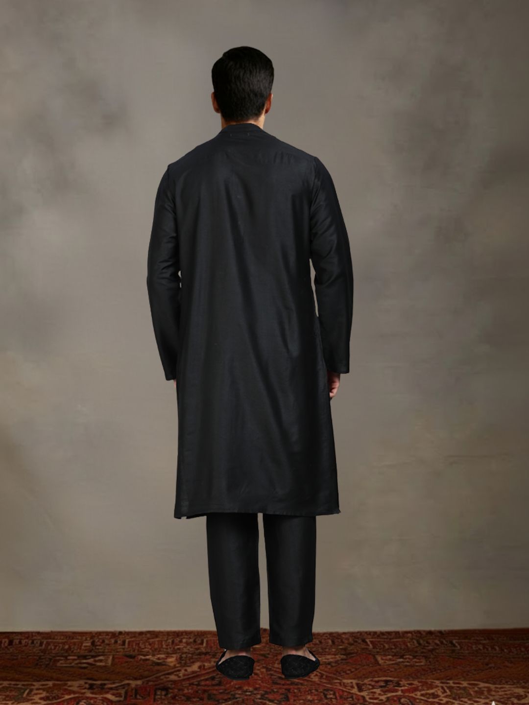 Black Kurta Set with Gold and Black Brocade Nehru Jacket