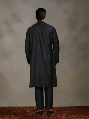 Black Kurta Set with Gold and Black Brocade Nehru Jacket
