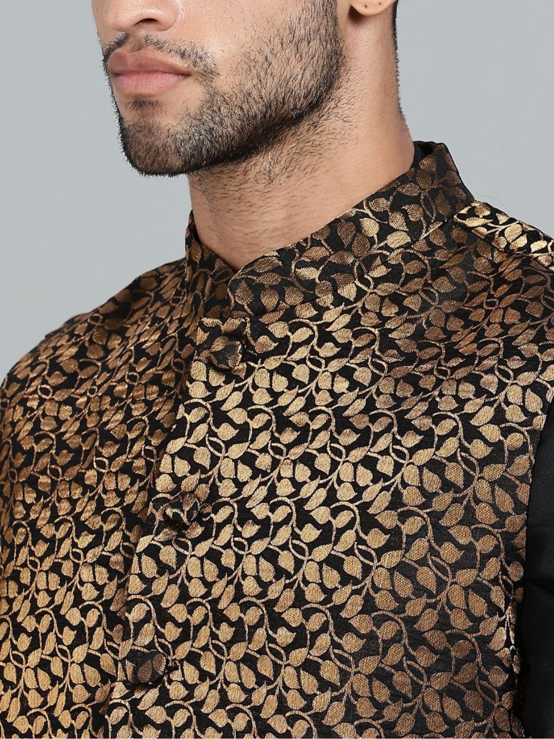 Black Kurta Set with Gold and Black Brocade Nehru Jacket