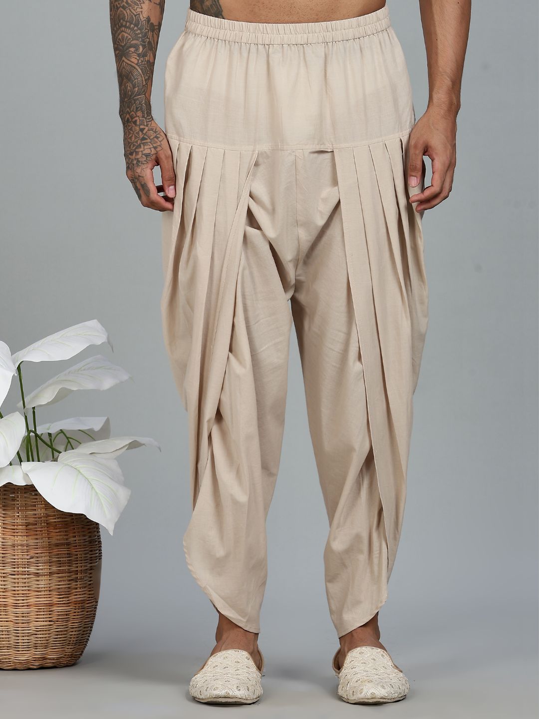 Beige Lurex Straight kurta with solid Dhoti Pants set