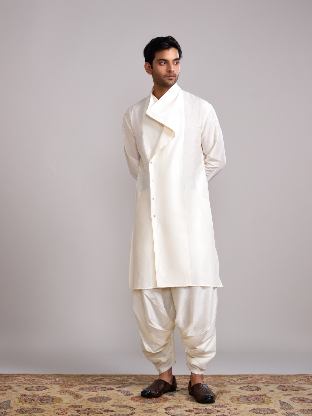 Overlap draped neck kurta- Ivory