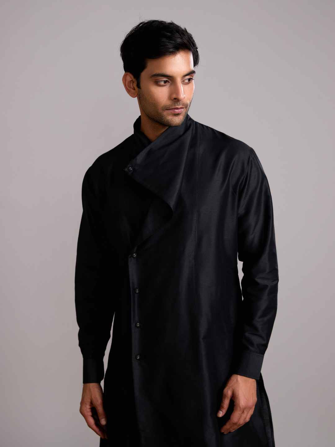 Overlap draped neck kurta- Rich black