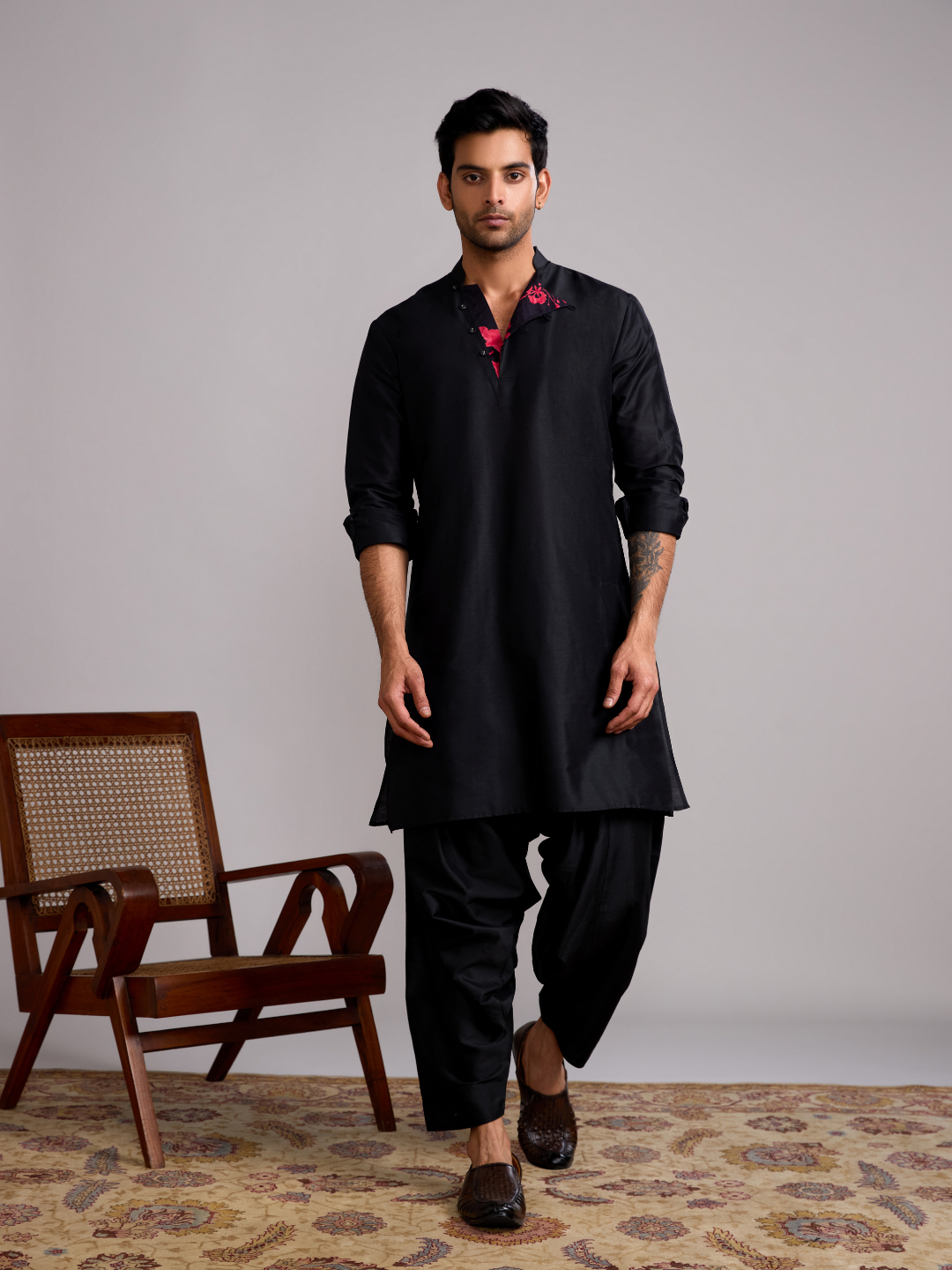 Mandarin collar straight kurta- Rich Black