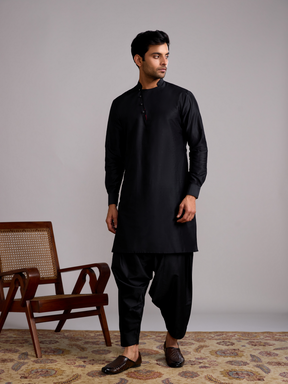 Mandarin collar straight kurta- Rich Black