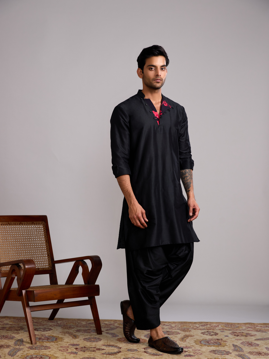 Mandarin collar straight kurta- Rich Black