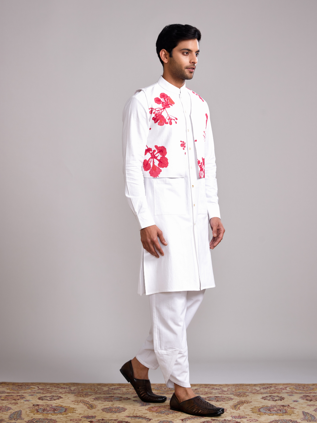 Gulmohar print jacket with mandarin collar straight kurta- Ivory
