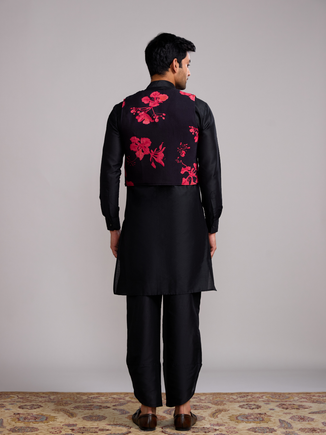 Gulmohar print jacket with mandarin collar straight kurta- Rich black