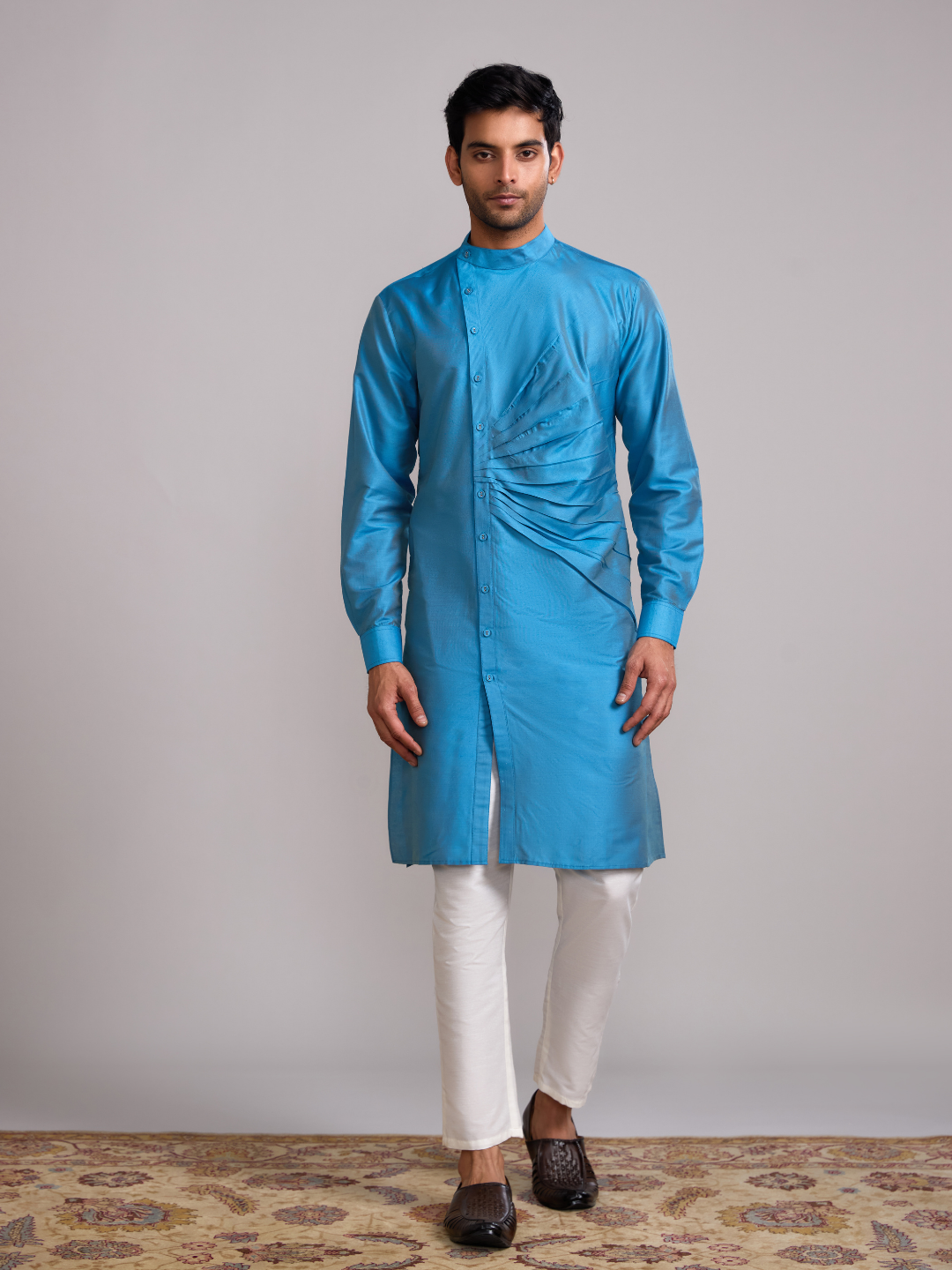 Mandarin collar front pleats straight kurta -Blue moon