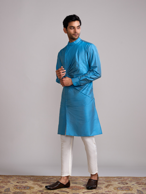 Mandarin collar front pleats straight kurta -Blue moon