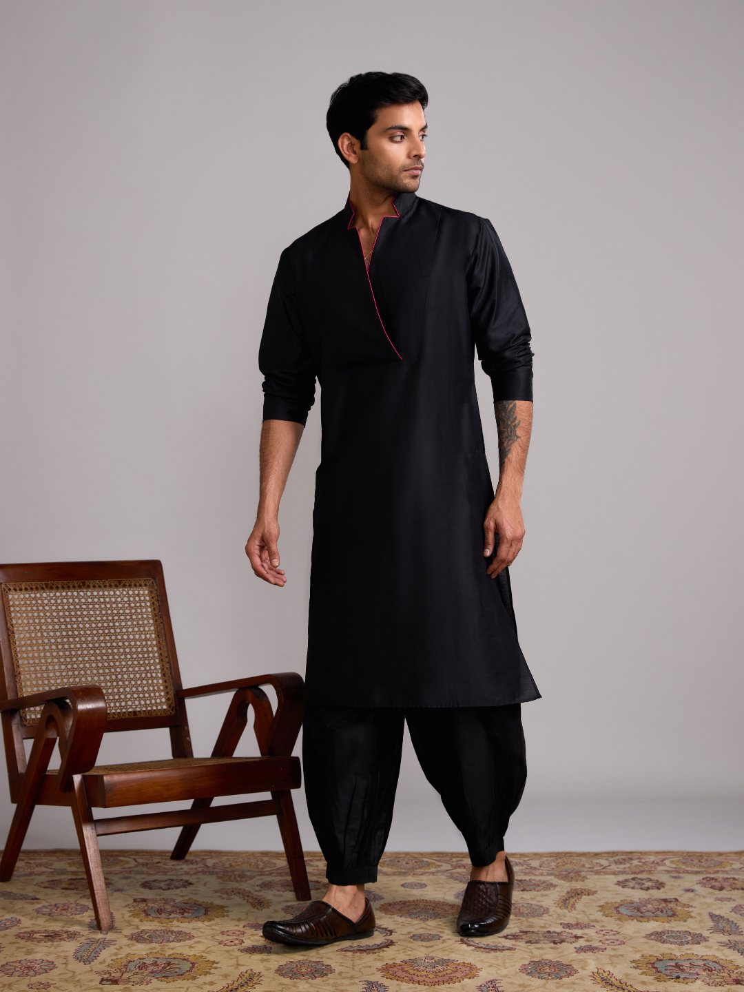 Classic collar straight kurta- Rich Black