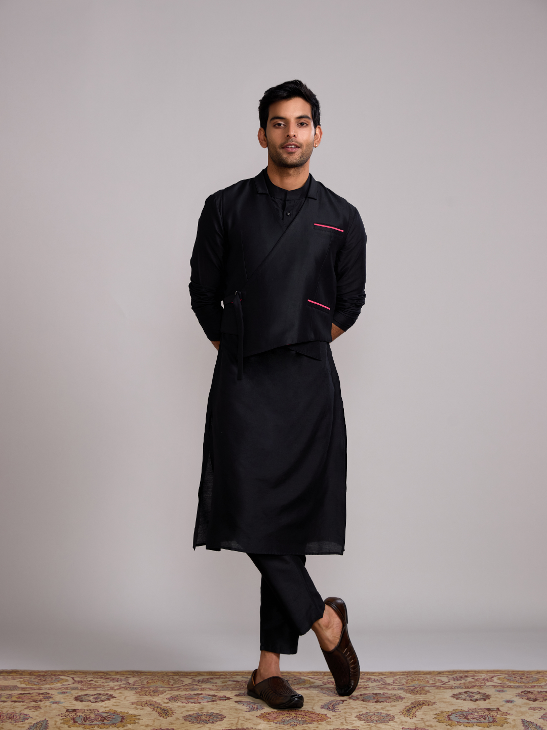 Gulmohar overlapped jacket with mandarin collar straight kurta- Rich black