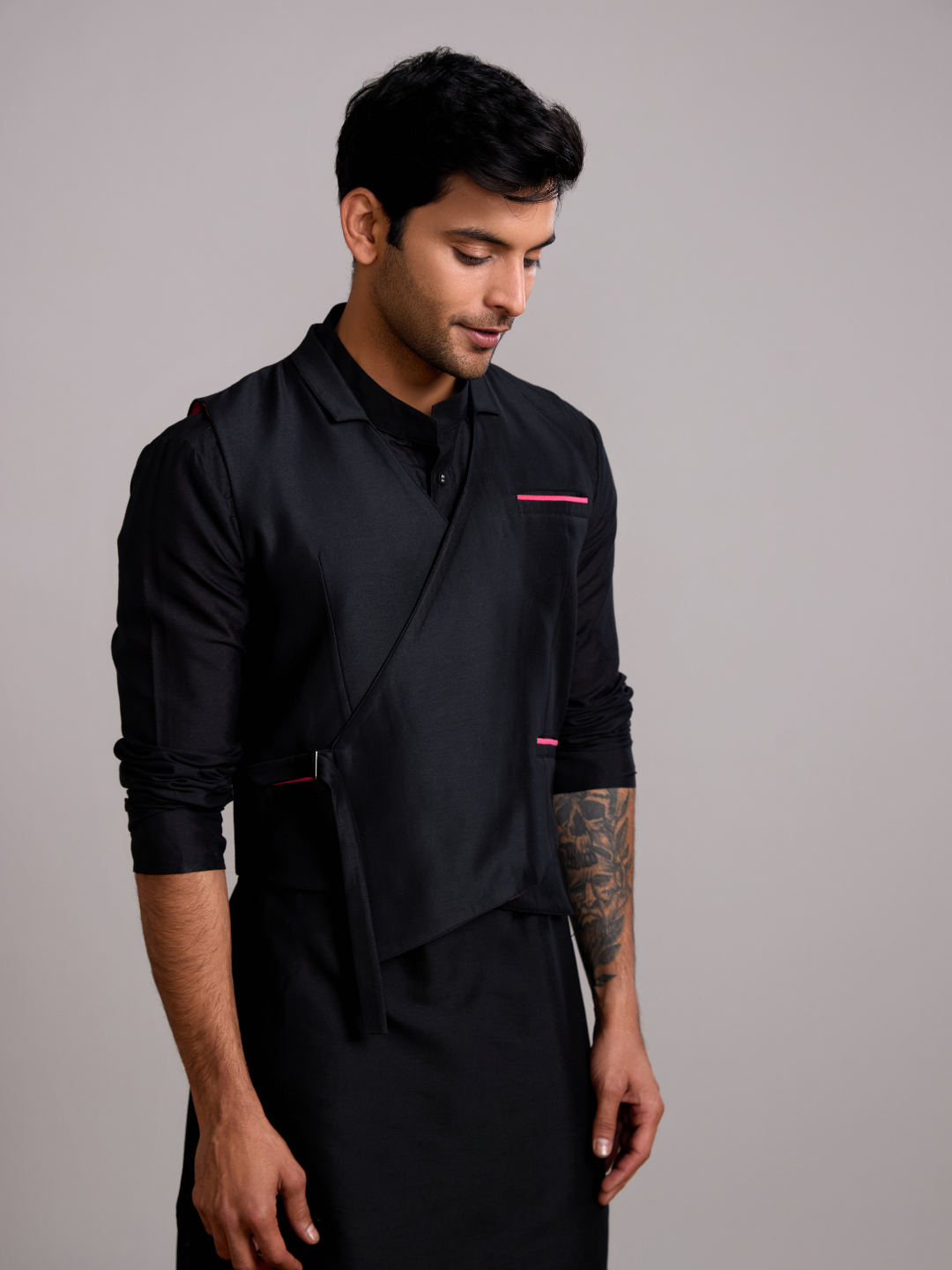 Gulmohar overlapped jacket with mandarin collar straight kurta- Rich black