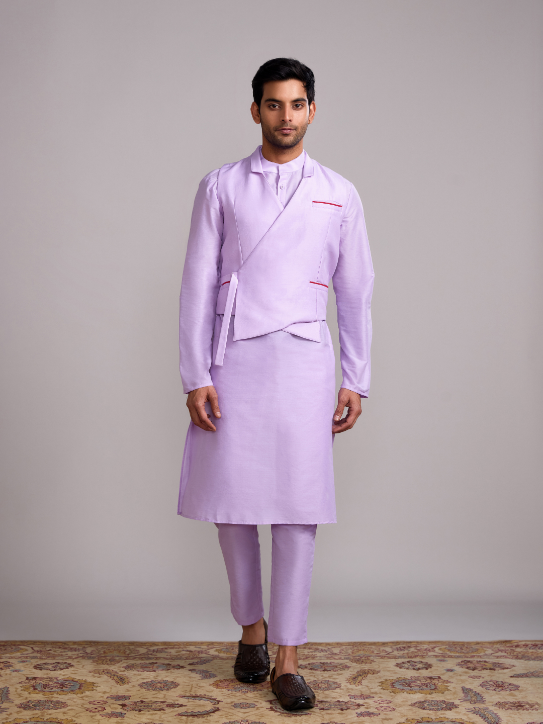 Gulmohar overlapped jacket with mandarin collar straight kurta- Lavender