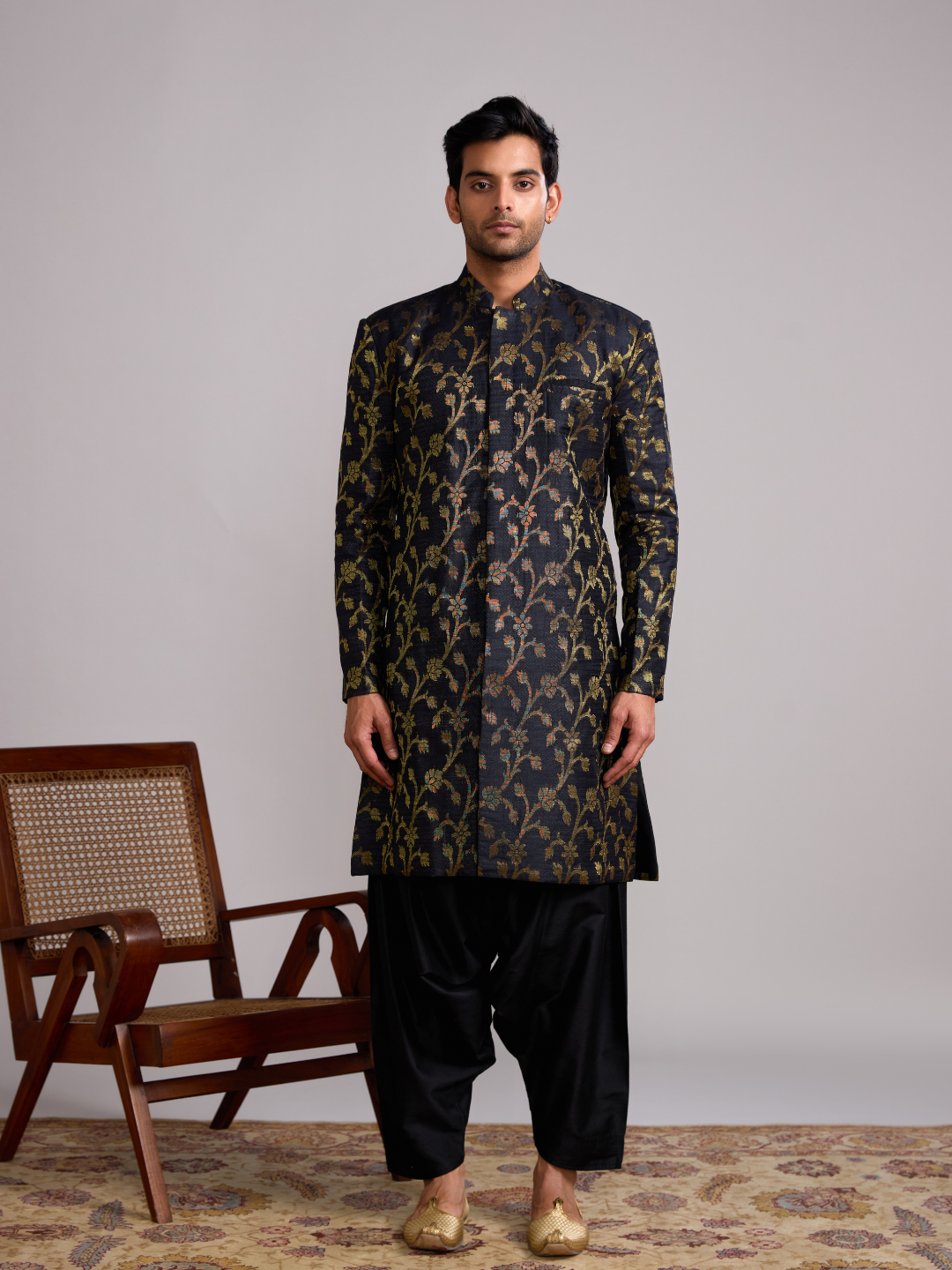 Banarasi Baswada Mandarin collar kurta- Rich black