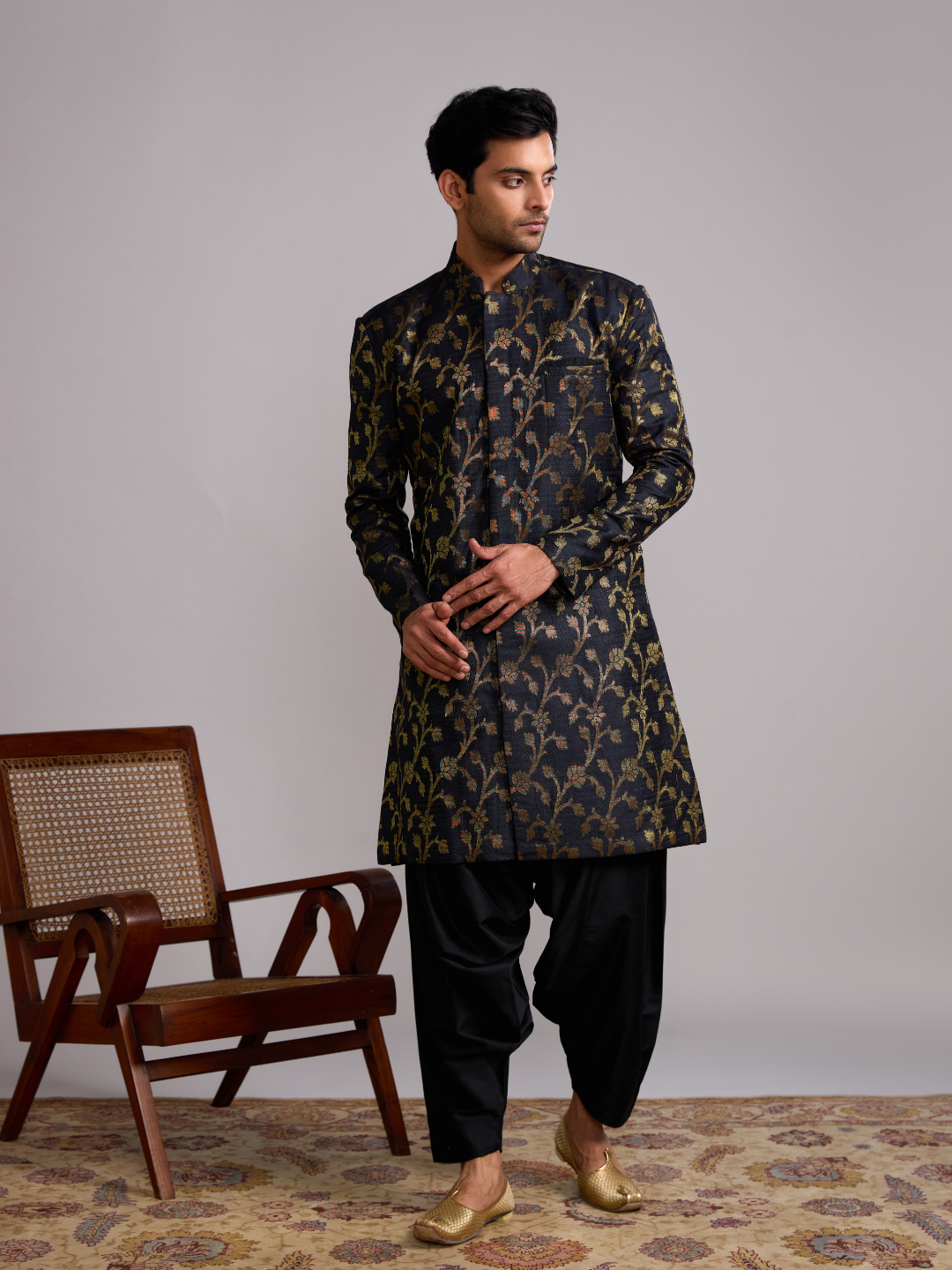 Banarasi Baswada Mandarin collar kurta- Rich black