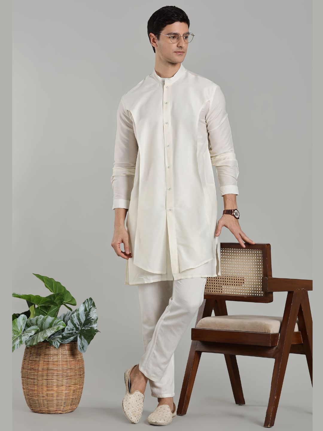 White Flap Detail Button Down Kurta