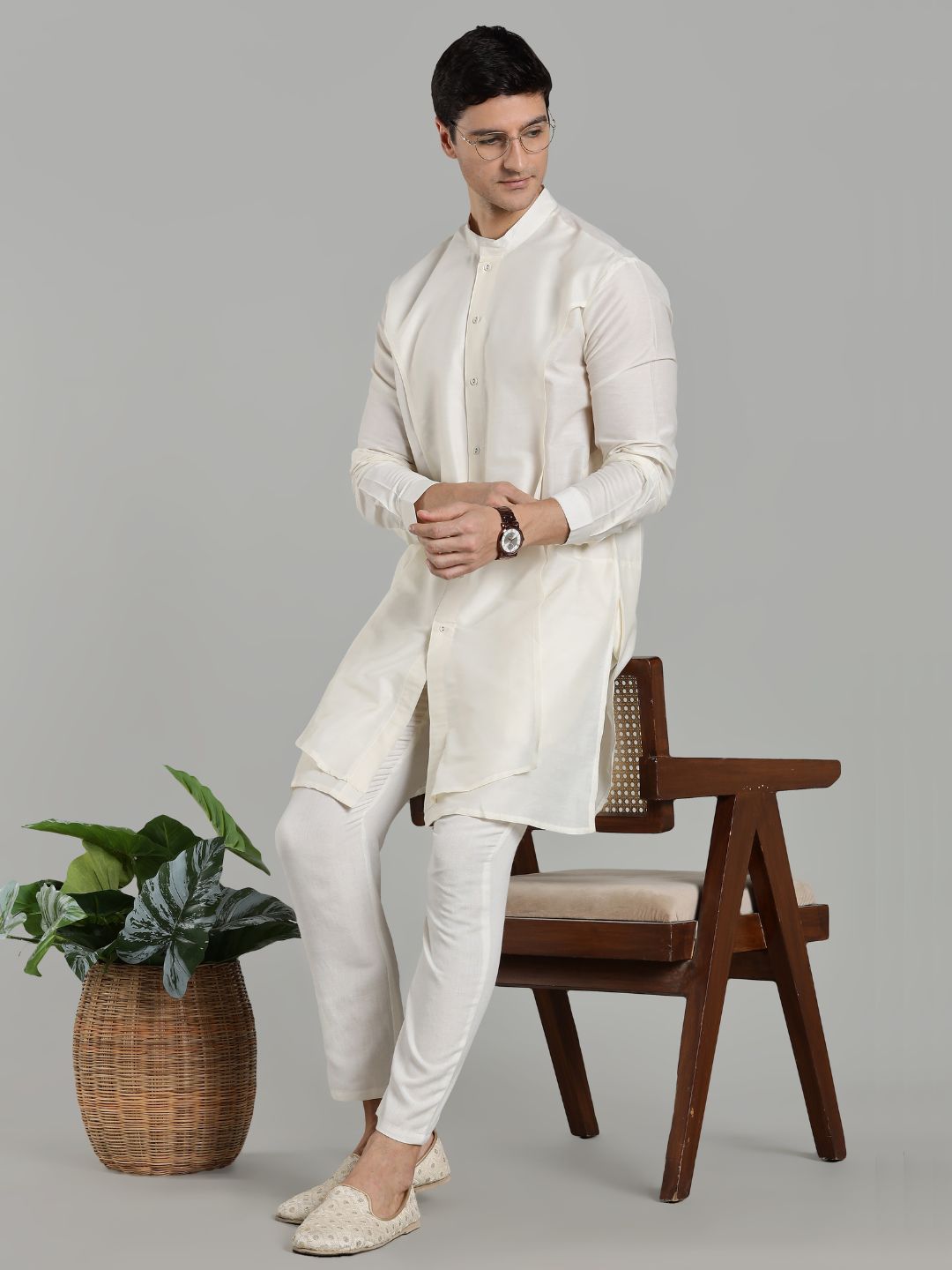 White Flap Detail Button Down Kurta