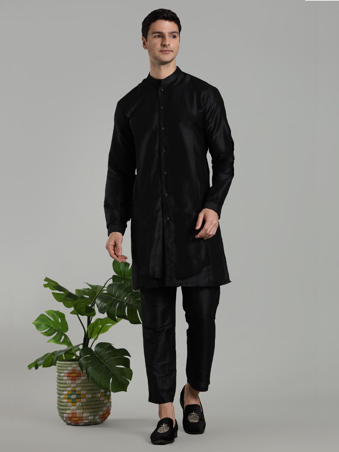 Black Flap Detail Button Down Kurta